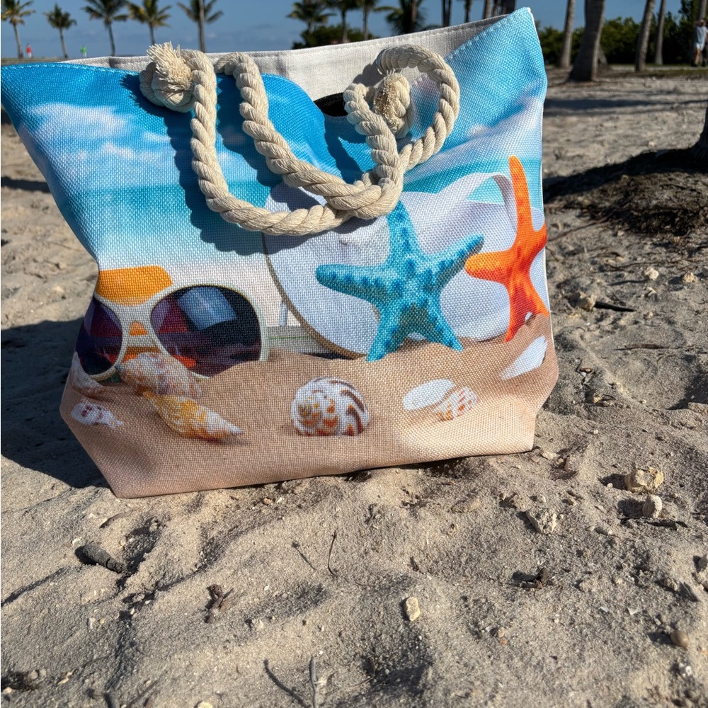 Starfish Print Beach Tote Bag - Blue & Orange